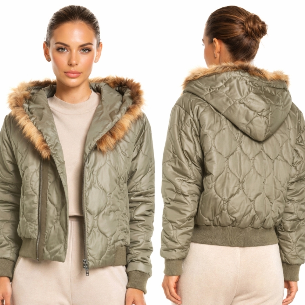 Nwt NSF Goya Faux Fur Trim Dropped Shoulder Puffer Jacket Olive Camo Green